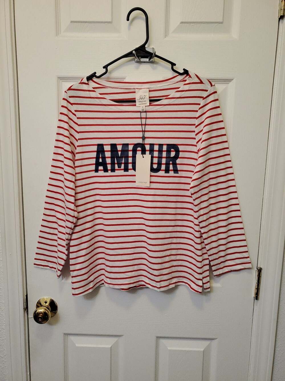 Cinq a Sept Maxine Amour Top Striped Knit Boatneck Graphic Tee White Red NWT